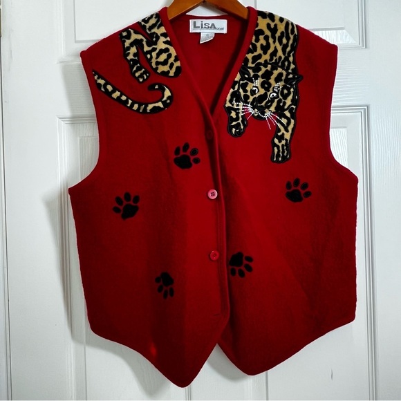 Lisa international Jackets & Blazers - Vintage Lisa International Red Animal Print Boiled Wool Vest Size XL